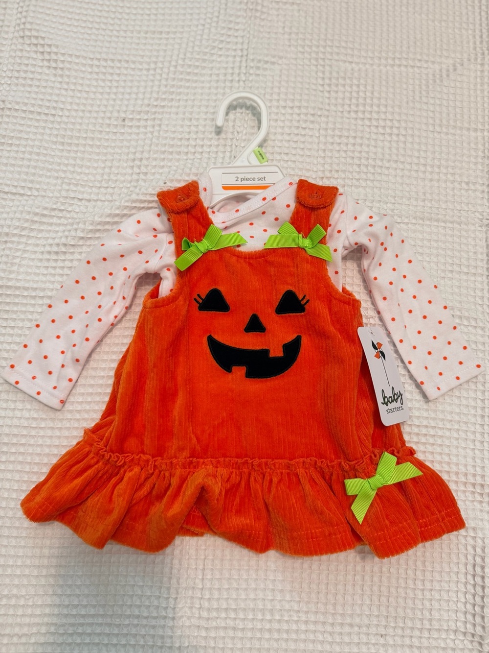 Baby Starters Orange Pumpkin Jumper with Green Bows and White Polka Dot Shirt